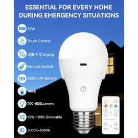 WirelessGlow Rechargeable Light Bulbs with Remote, 3 Color Temperatures and Dimmable Battery Operated Light Bulbs, Touch Control + USB Rechargeable Battery Light Bulb, A19, 1 Pack