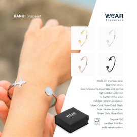 Elegant Stainless Steel Bracelet with Aeroplane and World Map - Adjustable Rigid Design - Gift for Travellers - Hanoi Model, Alloy Steel, No gemstone