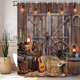 Rustic Barn Door Shower Curtain Set, Western Cowboy Shower Curtains, Farmhouse Country Cactus Shower Curtains for Bathroom, Farm Wooden Vintage Fabric Bathtub Decor Accessories with Hooks, 48X70IN