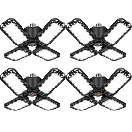 Tudoccy LED Garage Light 4 Pack, 120W Ultra Bright LED Shop Light with 4 Adjustable Panels, 12000LM E26/E27 Base Deformable Ceiling Light Fixtures for Garage, Workshop, Attic, Basement, Barn (Black-4 Pack)