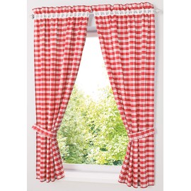 Yaland Opaque Curtains with Checked Pattern, Country House Curtains, Living Room Curtain Scarves with Tiebacks (H x W 100 x 100 cm, Red) Pack of 2