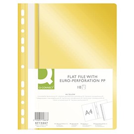 Q-CONNECT KF15667 Plastic File Folder A4 Yellow/Pack of 10 / Plastic Folders/Perforated Staplers with Labelling Strips/with Transparent Cover/with Perforated Holes/Euro Holes
