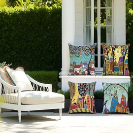 Cartoon Tree Pillow Covers 18X18, Outdoor Garden Pillow Case, Blue Art Painting Cushion Covers for Sofa, Couch, Patio Home Summer Decoration