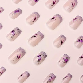Press on Nails Medium Purple French Tip Fake Nails Glitter Square False Nails with Purple Flower Designs Glue on Nail Glossy Artificial Nails Acrylic Natural Stick on Nail for Women Girls 24Pcs