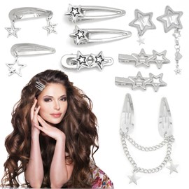 Cosmeria Star Hair Clips Set of 10 Y2K Silver Hair Clips 8 Shapes Pentagram Metal Hair Clips Kawaii Punk Hair Accessories for Women and Girls