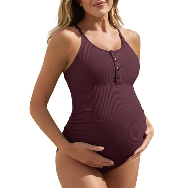Summer Mae Maternity Swimsuit One Piece Bathing Suit Button Neck