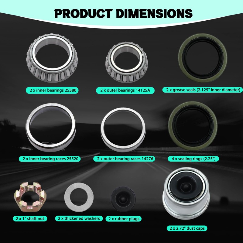 2 Sets 25580 14125A Trailer Bearing Kits, Grease Seals, Spindle