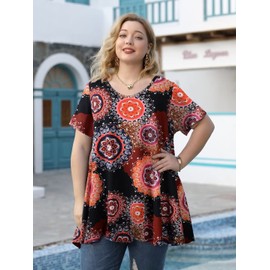 LARACE Boho Tops For Womens Summer Clothes Casual Short Sleeve Shirts V Neck Tunic for Leggings Plus Size Blouse(A-Black19 2X)