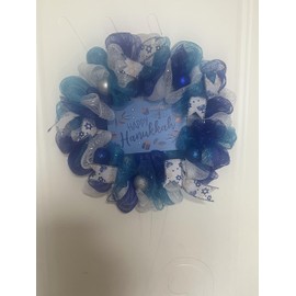 Happy Hanukkah Mesh Wreath, 16" Blue and White Ball Ornament Front Door Holiday Decoration with Menorah & Star of David, Farmhouse Chanukah Decor for Home Indoor Outdoor Porch Party