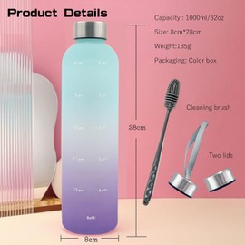 1L Water Bottle,Motivational Time Markers,Non-Toxic BPA Free Plastic Water Bottle,Leak-Proof,1 litre Sports Bottle,Drinks Bottle for Gym,Travel,School,Cycling,Camping(Green+Purple+cover+brush)