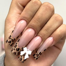 French Tip Nails Press ons Long Press on Nails Square False Nails with White Bow Leopard Design Glue on Nails Light Pink Full Cover Acrylic Fake Nails Glossy Artificial Stick on Nails for Women 24Pcs