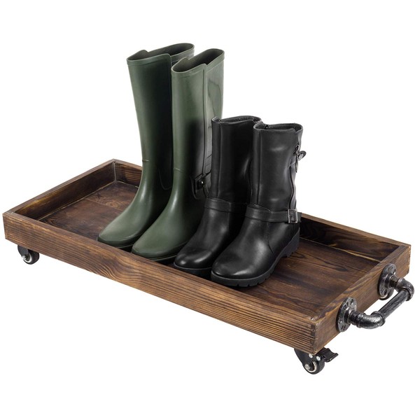 MyGift 30-Inch Rustic Wood Rolling Boot Tray with Metal Pipe