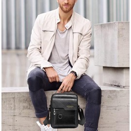 Hjkiopc Men's Shoulder Bag PU Leather Messenger Bag Pack Business Satchel Side Bag Casual Handbag for Men Working Shopping School Daily Use (Black-A)