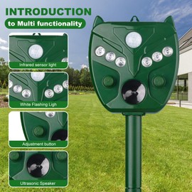 Upgraded Solar Ultrasonic Animal Repeller, 2024 Cat Dog Repellent Outdoor,Waterproof Deer Repeller Squirrel for Raccoon, Skunk, Rabbit, Fox, Bird with Motion Detection and 6 LED Flashing Green