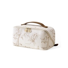 EACHY Travel Makeup Bag, Large Capacity Cosmetic Bags for Women, Waterproof Portable Pouch Open Flat Toiletry Bag Pattern Make up Bag (F-Beige)
