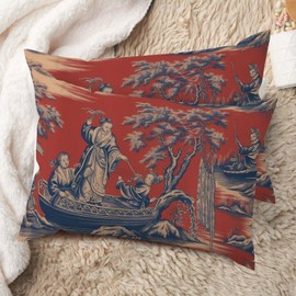 MISSUYSA Dynasty Red Chinoiserie Lumbar Support Pillow Case Set of 2 Asian Chinese Throw Pillow Cover 12x18in Decorative Pillow Home Cotton Linen Vintage Pillow Case for Couch Bedroom Living Room