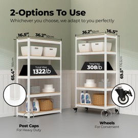 HOMEDANT House White 5-Tier Metal Rolling Cart Shelf Rack Casters Heavy Duty Wheel Shelving Unit Adjustable Utility Storage Shelves Organizer Shelf Kitchen Garage 36.2" W x 16.5" D x 69.5" H 1Pack