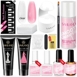 Saviland Poly Gel Nail Kit, 2PCS 30ML Gel Nail Extension Kit with Mini Nail Lamp Slip Solution, Clear Pink Poly Gel Kit with Nail Protector Stickers Nail Dehydrator PH Bond for Nail Art Design Salon