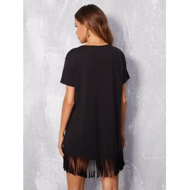 RoseSeek Women's Casual Summer Dresses 2024 Short Sleeve Crewneck Fringe Hem Tshirt Dress Black Large