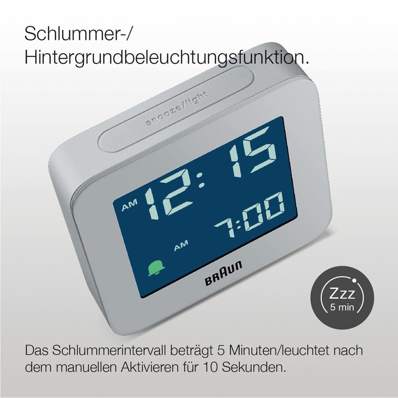 Braun Digital Alarm Clock with Snooze, Negative LCD Display, Quick