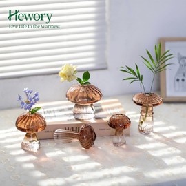 Hewory Glass Mushroom Vase for Flowers, 10pcs Brown Small Bud Flower Vases Unique, Mushroom Propagation Hydroponic Vases, Funky Cottagecore Decor for Home Room Kitchen Office Windowsill Decorations