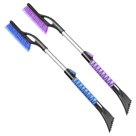 HEEYA 2 Pack Ice Scraper and Brush for Car, Extendable Snow Brush with Ice Scraper for Car Windshield Window, Car Snow Scraper with Foam Grip for SUV Truck Automobile Vehicle - Purple & Blue