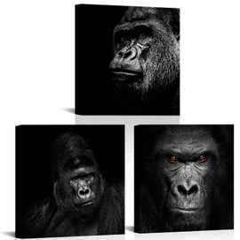 RyounoArt 3 Piece Gorilla Canvas Wall Art Black Animal Portrait Painting Pictures Ape Chimpanzee Prints Artwork for Living Room Bedroom Wall Decor Ready to Hang 12“x12 x3pcs