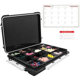 20 Compartment Large Pill Case with Airtight Seal - Silicone Gasket Waterproof Med Box with Medication Map, Medical Alert Card (Black, 1 Pack)