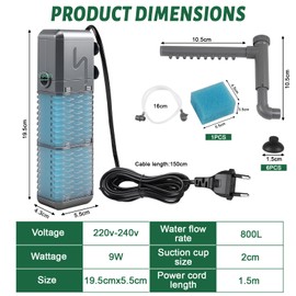 EXLECO Aquarium Filter 9 W 800 L/H 1.1 m Aquarium Internal Filter with 2 Replacement Sponges, Adjustable Aquarium Filter for Small Tank 20-50 L, Aquarium Filter Pump Sponge Filter for Aquariums with