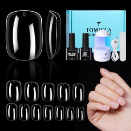 TOMICCA Nail Tips and Glue Gel Kit, Nail Extension Kit 4 In 1 Nail Glue & Top Coat, Extra Short Square Soft Nails Tip and UV LED Nail Lamp, Acrylic Nail Kit for DIY Manicure