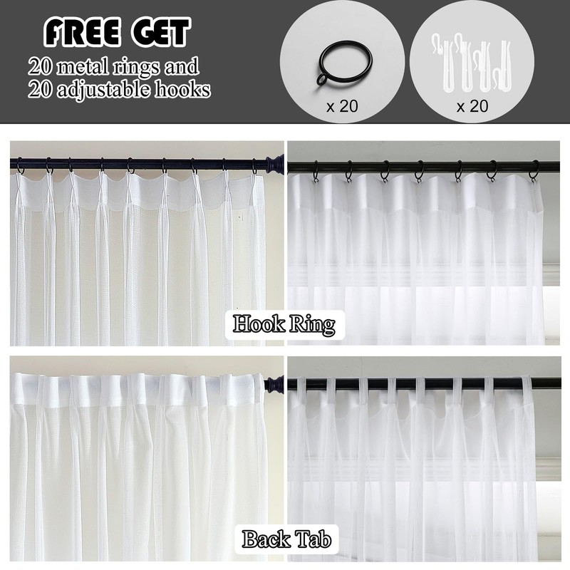 Ftinala White Sheer Curtains 108 Inches Long Extra, Thin Linen