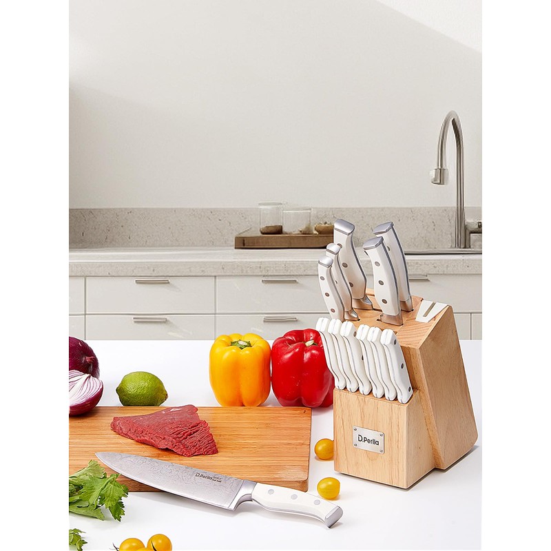 Knife Set with Block, D.Perlla 15 Pieces Kitchen Knife Set