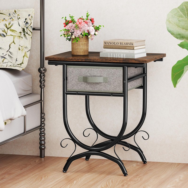 Tangkula Nightstand with Fabric Drawer, Industrial 2-Tier Bedside Table with