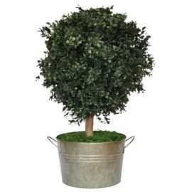Tin Roof Interiors Pair of 24" Tall Artificial Boxwood Shrubs, Includes Galvanized Metal Pot, Outdoor Ready, Natural Looking Fake Potted Shrubs