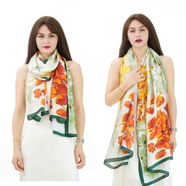 YOUR SMILE Large Mulberry Silk Feeling Long Stain Scarf Lightweight Sunscreen Shawls Wraps for Women (05 Orange Yellow/Floral print)