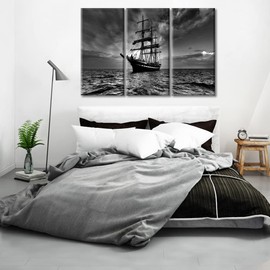 3 Panel Pirate Ship Wall Decor Black and White Wall Art Seascape Art Paintings Sailboat Canvas Prints Canvas Artwork Wall Decor Stretched Framed Canvas Wall Art Ready to Hang, 60x40 Inch