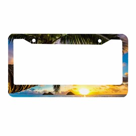 Nicokee Beautiful Lanikai Decorative License Plate Frame Kailua Sunrise in Hawaii Car Tag Frame Aluminum Auto License Plate Holder for Men Women