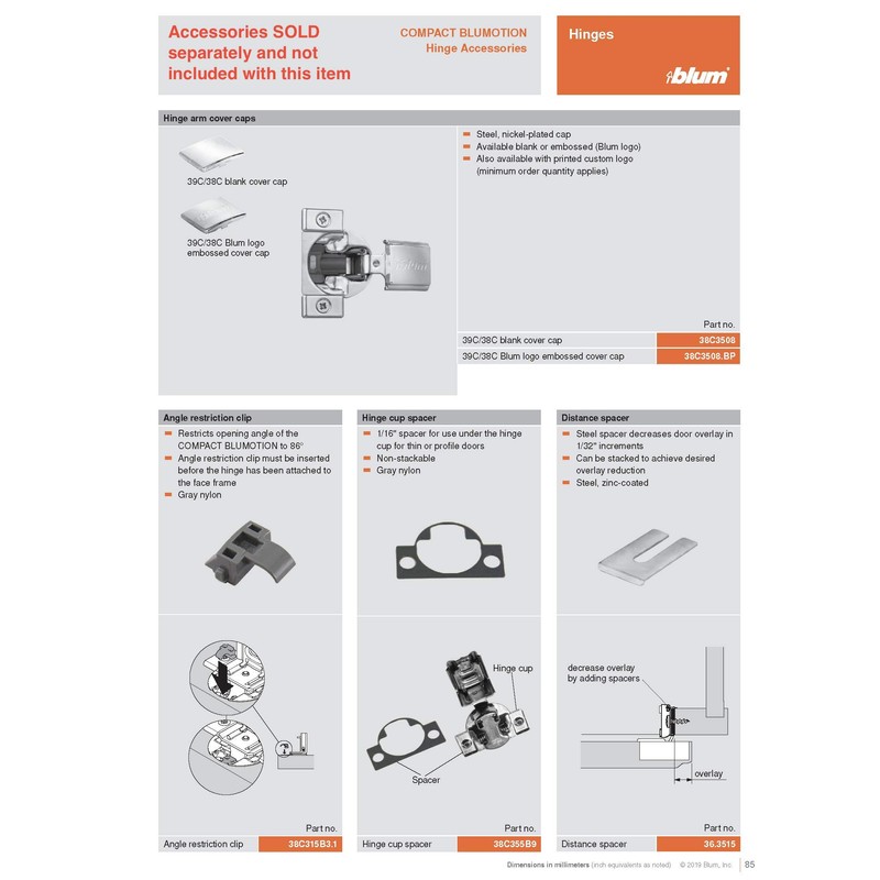 Blum 39C355B.25 Compact BLUMOTION 39C Hinge, Soft-Close, 110 Degree, 1-9/16