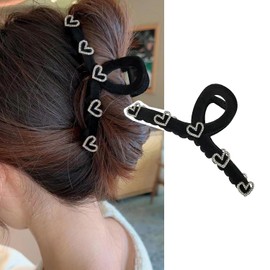 Valentine's Day Hearts Hair Clips Black Acrylic Hair Claw Clip Shiny Rhinestone Hearts Design Hair Jaw Clip Strong Hold Exquisite Velvet Claw Clip for Women Valentines Wedding Party Hair Accessories