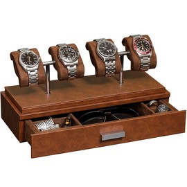 ROTHWELL Luxury Watch Display Case for 4 Watches – Leather Watch Box with Acrylic Cover and Removable Slide in Cushions – Accessory Drawer with Multiple Configurations (Tan/Brown)