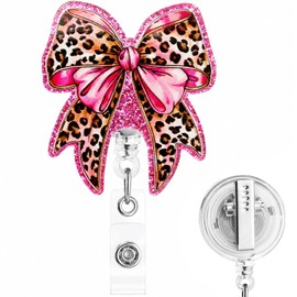 Pink Bow Badge Reel Holder Retractable ID Card Name Badge Clip with Leopard Pattern for Nurse Teacher Employee