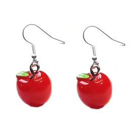 Apple Earrings, Realistic Red Pendant, Silver Themed Earrings - Handmade