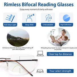 KISSOUL Rimless Bifocal Photochromic Reading Glasses Men Computer Readers Anti-blue Light Transition Sunglasses with Readers