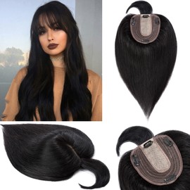 S-noilite Real Human Hair Toppers with Bangs - Clip in Topper Hairpiece with Fringe, 130% Density, Silk Base, 35g, 10 Inch #01 Jet Black