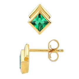 Silvershake 4MM Created Nano Green Emerald 14K Yellow Gold Plated 925 Sterling Silver Minimalist Square Geometric Stud Post Earrings May Gemstone Birthstone Jewelry for Women, Sterling Silver 14K Gold