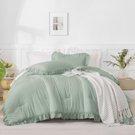 Andency Sage Green California King Comforter Set, 3 Pieces Farmhouse Shabby Chic Cal King Size Ruffle Bed Set, Oversized Soft Lightweight Microfiber Bedding Set