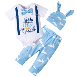 flower frail My First Baby Boy Easter Outfit Bow Tie Bodysuit Shamrock Bunny Pants Toddler Summer Clothes Set 12-18 Months