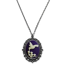 Victorian Vault Hummingbird Purple Cream Cameo Steampunk Gothic Pendant Necklace on Chain