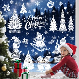 Tanlaby White Christmas Window Stickers, Snowman Christmas Tree Snowflake Window Clings Decals for Xmas Decorations Home Decor Party Supplies