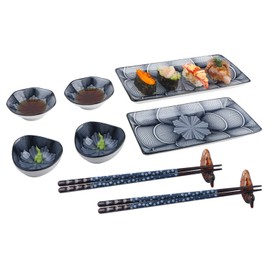 Artcome 10 Pcs Japanese Style Ceramic Sushi Plate Dinnerware Set for Wedding Housewarming - 2 Sushi Plates, 2 Sauce Dishes, 2 Snack Bowl, 2 Pairs of Chopsticks, 2 Chopsticks Holders, Dark Blue